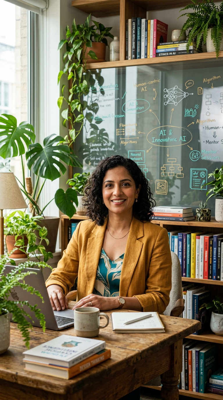 Prameela, an approachable AI mentor in her creative workspace