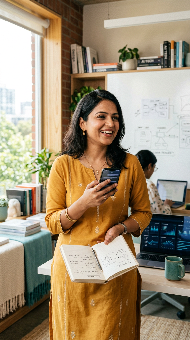 Prameela Skills Hub mentor holding a phone